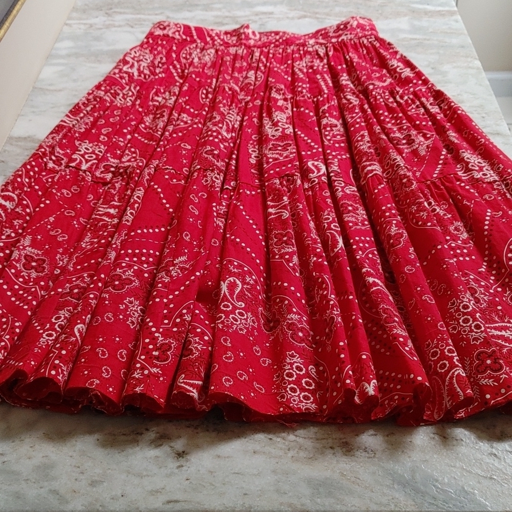 Handmade Cotton Tiered Bandana Print Red, White & Black Skirt Size XS